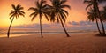 A sunset paints the sky in hues of orange pink over a tranquil beach with a palm tree swaying gently. Generative AI. Royalty Free Stock Photo