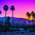 Sunset in Palm Springs with a Matte Violet Color Grading Background of palm trees and Location Coachella Valley in