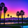 Sunset in Palm Springs with a Matte Violet Color Grading Background of palm trees and Location Coachella Valley in