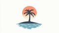 Tropical Island Palm Tree Sunset Silhouette with Ocean Waves Minimalist Design Royalty Free Stock Photo