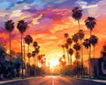 Sunset on a palm tree lined street in Beverly Hills.