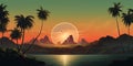 sunset with palm trees, art style. illustration, design element for cards, print, banners Royalty Free Stock Photo