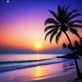 a sunset with palm trees and a beach in the background with a star filled sky and a full