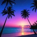 a sunset with palm trees and a beach in the background with a star filled sky and a full