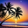 a sunset with palm trees and a beach in the background with a star filled sky and a full