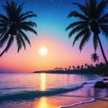 a sunset with palm trees and a beach in the background with a star filled sky and a full