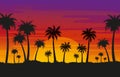 Sunset and palm trees. Beach landscape with palms silhouettes on evening. Tropical exotic nature, bright flat abstract Royalty Free Stock Photo