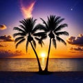 a sunset with palm trees and the ocean in the and the sun rising over the horizon with clouds in the sky and stars in the Royalty Free Stock Photo