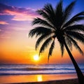 a sunset with palm trees and the ocean in the and the sun rising over the horizon with clouds in the sky and stars in the Royalty Free Stock Photo