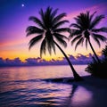 a sunset with palm trees and the ocean in the and the sun rising over the horizon with clouds in the sky and stars in the