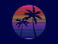 Sunset with palm trees in 80s style. Retro futuristic sun with outline palm trees in synthwave style. Design for printing Royalty Free Stock Photo