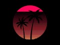 Sunset with palm trees in 80s style. Retro futuristic sun with outline palm trees in synthwave style. Design for printing Royalty Free Stock Photo