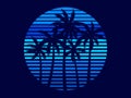 Sunset with palm trees in 80s style. Retro futuristic sun with outline palm trees in synthwave style. Design for printing Royalty Free Stock Photo