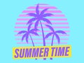 Sunset with palm trees in 80s style. Summer party. Retro futuristic sun with outline palm trees in synthwave style. Design for Royalty Free Stock Photo