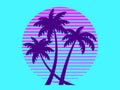 Sunset with palm trees in 80s style. Summer party. Retro futuristic sun with outline palm trees in synthwave style Royalty Free Stock Photo