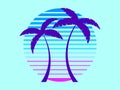 Sunset with palm trees in 80s style. Summer party. Retro futuristic sun with outline palm trees in synthwave style. Design for Royalty Free Stock Photo