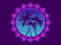 Sunset with palm trees in 80s style. Summer party. Retro futuristic sun with outline palm trees in synthwave style. Design for Royalty Free Stock Photo