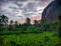 Sunset with palms and rocks in Harau Valley, Sumatra, Indonesia Royalty Free Stock Photo