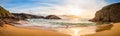 Sunset panorama beach sea view in Ireland ocean coast. Royalty Free Stock Photo