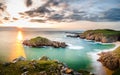 Sunset panorama beach sea view in Ireland ocean coast. Royalty Free Stock Photo