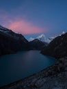 Sunset panorama of blue turquoise alpine mountain lake Laguna Paron in Huascaran Caraz Huaraz Cordillera Blanca Peru Royalty Free Stock Photo