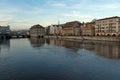 Sunset panorama of city of Zurich and reflection in Limmat River