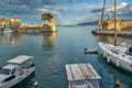 Sunset panorama of Fortification at the port of Nafpaktos town, Western Greece