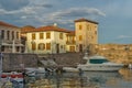 Sunset panorama of Fortification at the port of Nafpaktos town, Western Greece