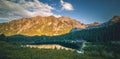 Sunset panorama in High Tatras mountains national park. Mountain popradske lake in Slovakia. Royalty Free Stock Photo