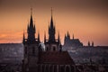 Sunset panorama of Prague Tyn Church Old Town and Prague Castle, evening panorama, towers, travel to Prague Royalty Free Stock Photo