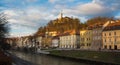 Sunset panorama of riverfront of Ljubljana, Slovenia.