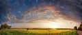 Sunset panorama in spring cereals fields with photographer