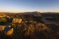 Sunset panorama taken from Byllis village - view of landscape with stones, river band and mountains, Byllis, Albania