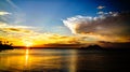 Sunset panorama with Tavurvur volcano at Rabaul, New Britain island, Papua New Guinea