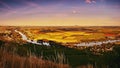 Sunset Panoramatic View From Radobyl Hill To River Labe, Golden Fields, Hill Rip On Horizont And Cities Bohusovice Nad Ohri, Litom