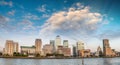 Sunset panoramic view of Canary Wharf buildings - London, UK Royalty Free Stock Photo