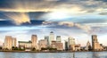 Sunset panoramic view of Canary Wharf buildings - London, UK Royalty Free Stock Photo