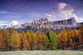 Sunset panoramic view of Croda da Lago in autumn. Royalty Free Stock Photo