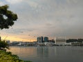 Sunset panoromic view of skyline Sentosa in Singapore Royalty Free Stock Photo