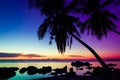 Sunset paradise landscape with palm tree and rock silhouettes over sea