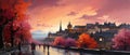 Sunset in Paris, France. Panoramic view of the old town. Digital oil color painting illustration