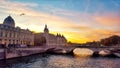 Sunset in Paris, view of the river Seine and the monuments of Paris, France