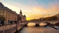Sunset in Paris, view of the river Seine and the parisian monuments, Paris, France Royalty Free Stock Photo