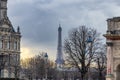 Sunset in Paris, in winter, with Eiffel tower in the far view Royalty Free Stock Photo