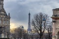 Sunset in Paris, in winter, with Eiffel tower in the far view