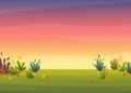 Sunset park background, nature park or forest lawn glade and sunset sky sun violet and pink clouds. vector cartoon illustration Royalty Free Stock Photo
