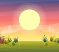 Sunset park background, nature park or forest lawn glade and sunset sky sun violet and pink clouds. vector cartoon illustration Royalty Free Stock Photo