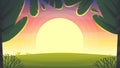 Sunset park background, nature park or forest lawn glade and sunset sky sun violet and pink clouds. vector cartoon illustration Royalty Free Stock Photo