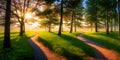 Sunset in the park with path and green grass and trees. Beautiful summer landscape. Generative AI technology Royalty Free Stock Photo