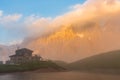 Sunset in Passo Rolle - Baita Segantini lake in Dolomite mountain range